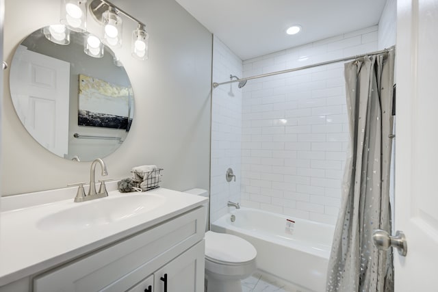 full bathroom with shower / bath combination with curtain, toilet, and vanity