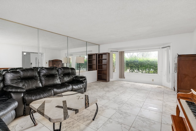 living room featuring a textured ceiling