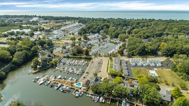 birds eye view of property featuring a water view