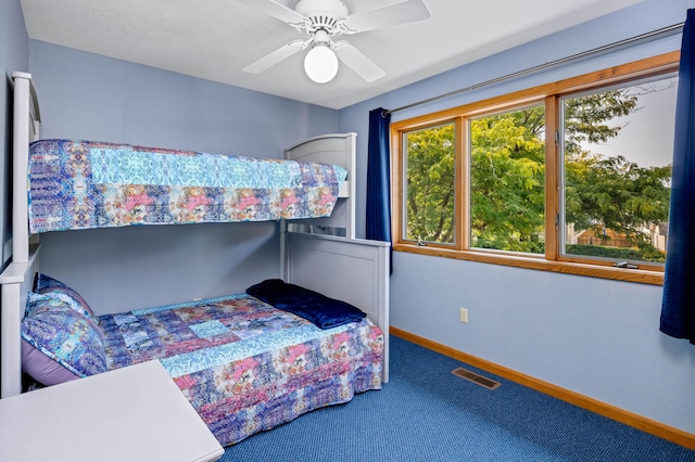 bedroom with ceiling fan and carpet