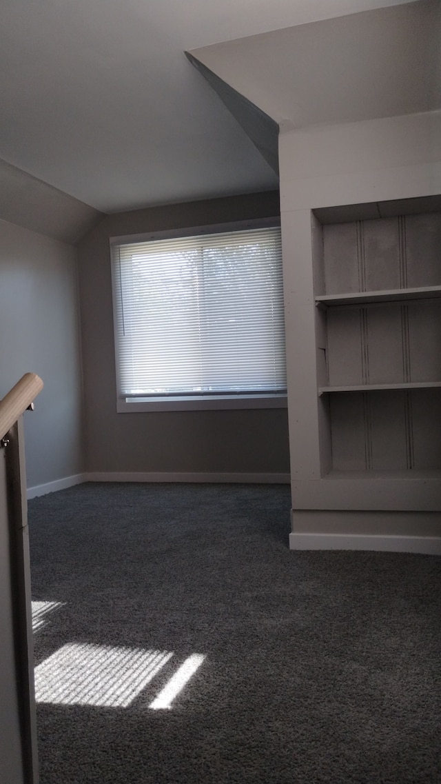 interior space featuring lofted ceiling and dark colored carpet