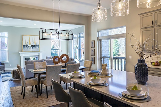 dining area with a wealth of natural light and dark hardwood / wood-style flooring