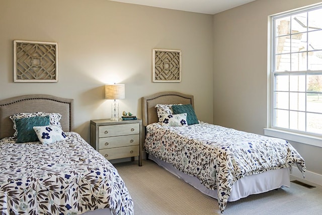 bedroom with multiple windows and light carpet