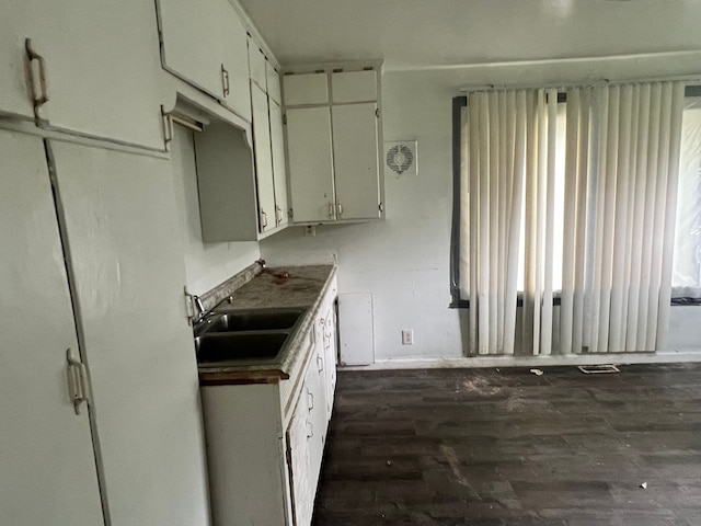 kitchen with dark hardwood / wood-style flooring, sink, and white cabinets