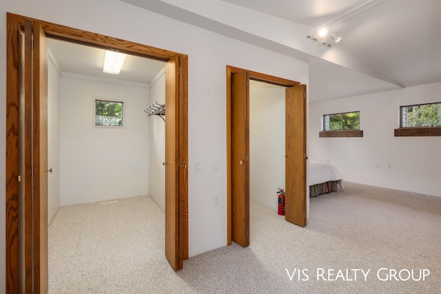 hallway with light colored carpet and crown molding