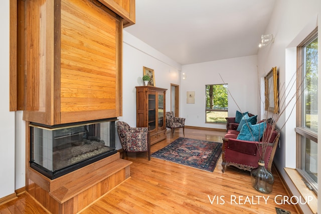 living room featuring a multi sided fireplace, a healthy amount of sunlight, and hardwood / wood-style flooring