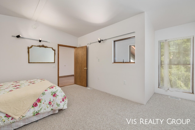 carpeted bedroom with vaulted ceiling