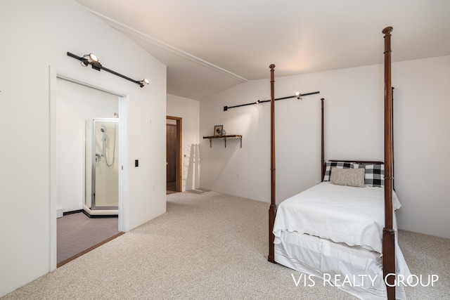 bedroom featuring carpet and lofted ceiling