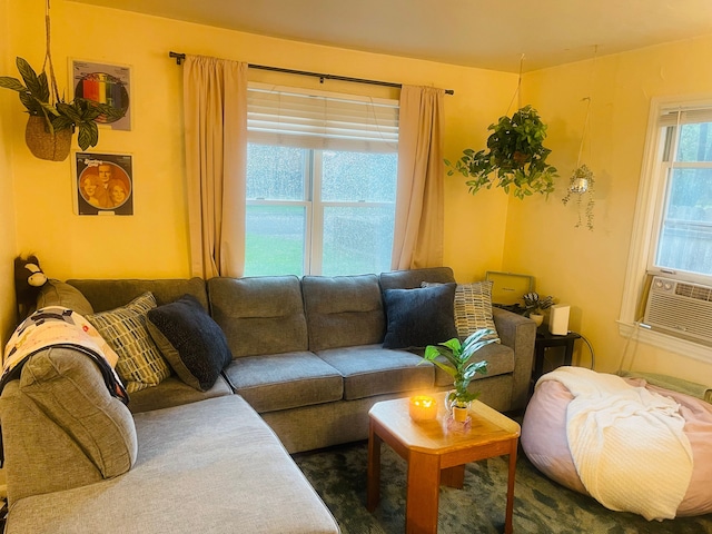 living room featuring dark colored carpet and cooling unit