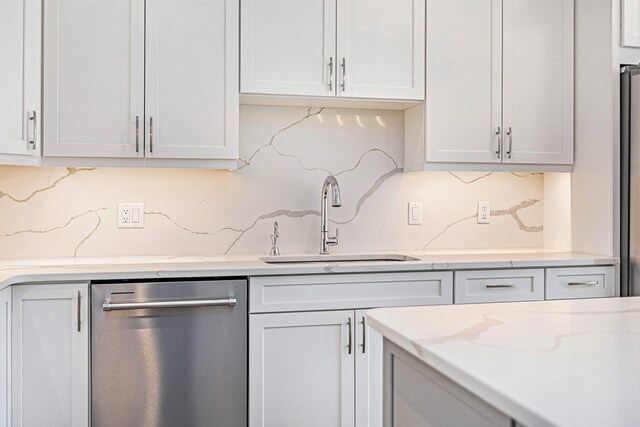 kitchen with decorative backsplash, dishwasher, and sink