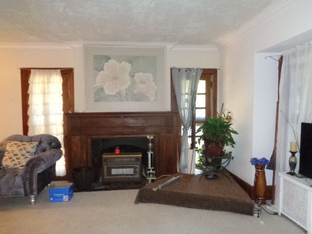 carpeted living room with a textured ceiling, crown molding, and radiator