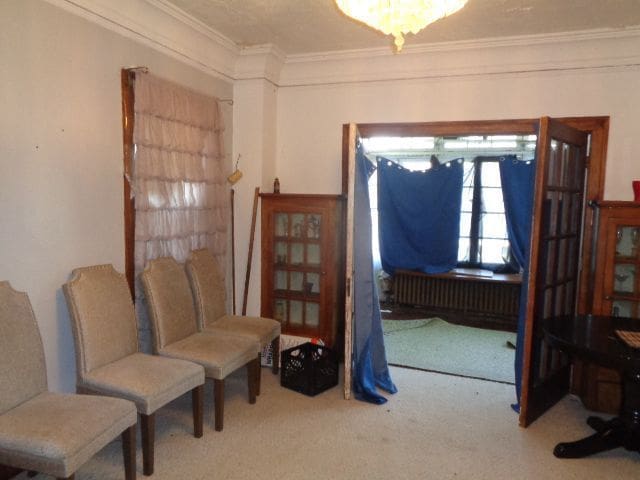 living area with radiator heating unit, carpet floors, and ornamental molding