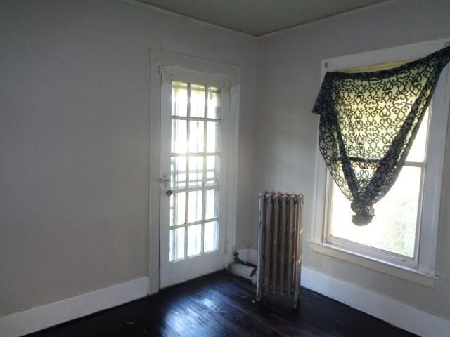 entryway featuring radiator heating unit and dark wood-type flooring