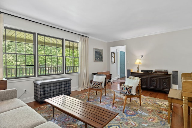 living room featuring dark hardwood / wood-style floors, ornamental molding, and a wealth of natural light