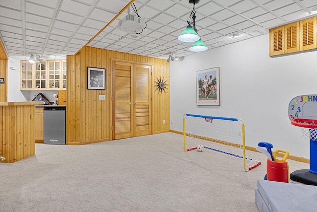 playroom featuring carpet and wood walls