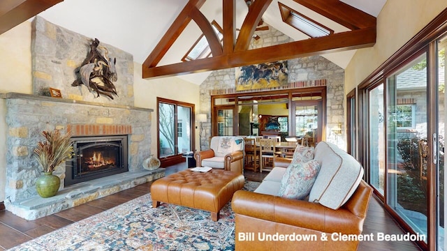 living room featuring beam ceiling, a fireplace, high vaulted ceiling, and dark hardwood / wood-style floors