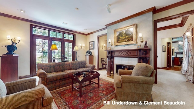 carpeted living room featuring ornamental molding and a fireplace