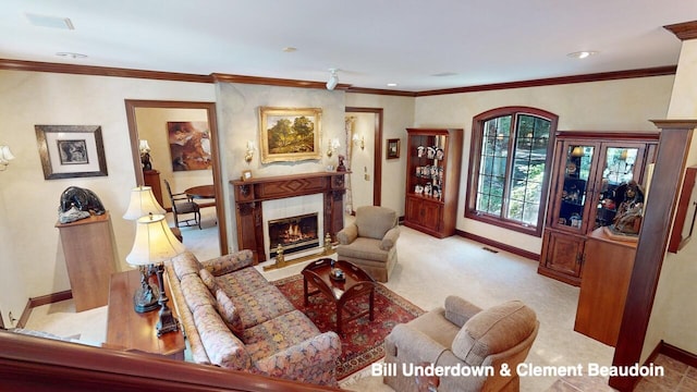 carpeted living room featuring ornamental molding and a premium fireplace