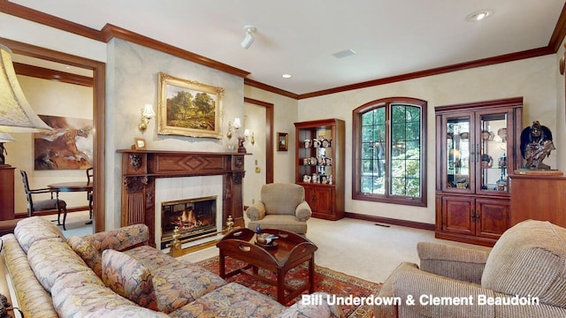 living room with ornamental molding and carpet flooring