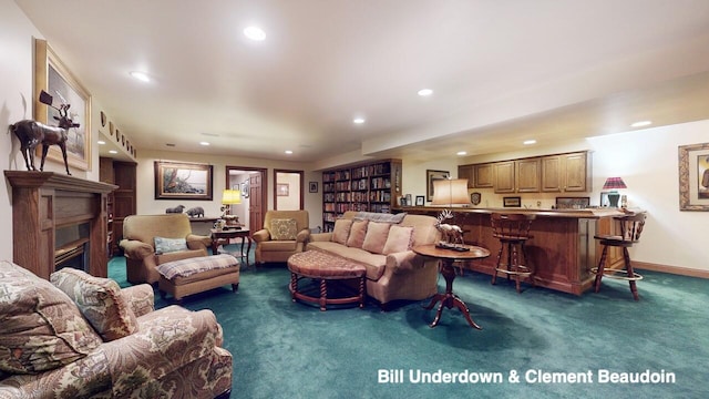 living room with dark colored carpet and bar area