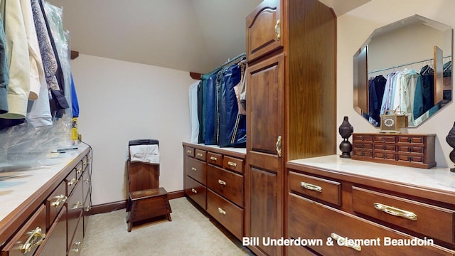 walk in closet with light carpet