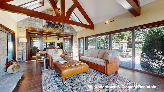 living room featuring plenty of natural light, dark hardwood / wood-style flooring, high vaulted ceiling, and beam ceiling