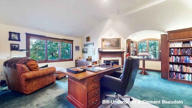 office featuring a healthy amount of sunlight, lofted ceiling, and dark colored carpet