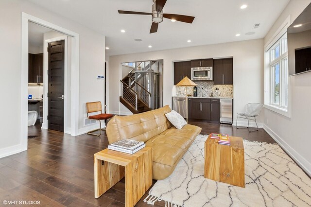 10 Peninsula Dr, New Buffalo, MI 49117 - living room featuring ceiling fan, baseboards, dark wood finished floors, stairs, and recessed lighting