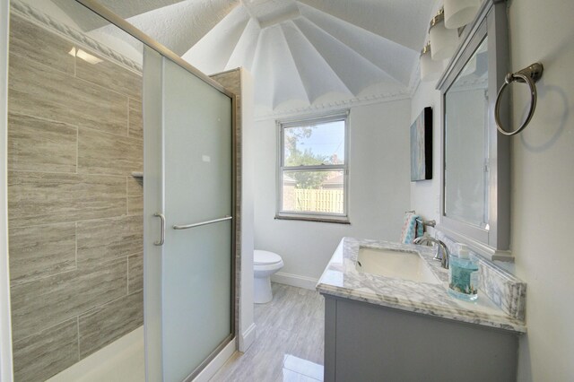 17566 Monica St, Detroit, MI 48221 - bathroom featuring vanity, a shower stall, toilet, baseboards, and lofted ceiling