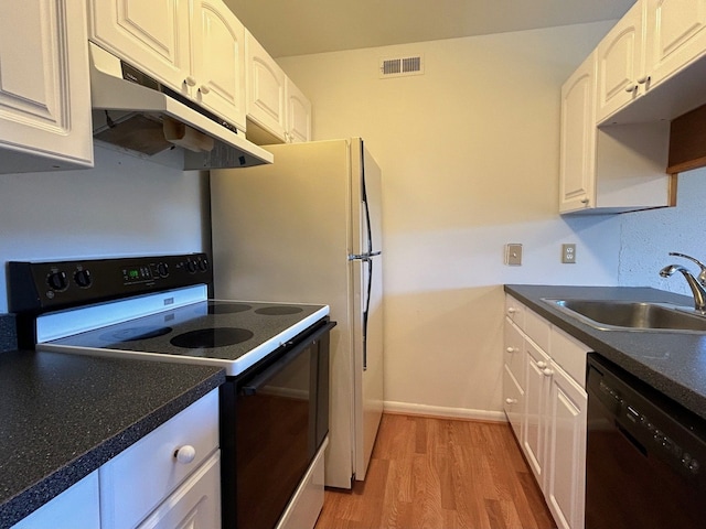 kitchen featuring white cabinets, electric stove, sink, black dishwasher, and light hardwood / wood-style floors