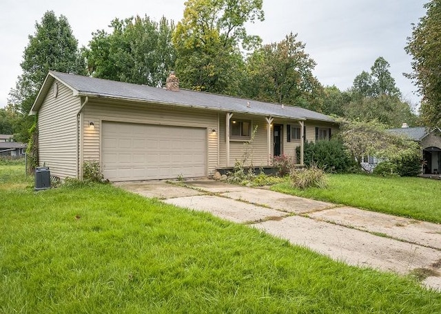 ranch-style home with a garage, a front lawn, and central air condition unit