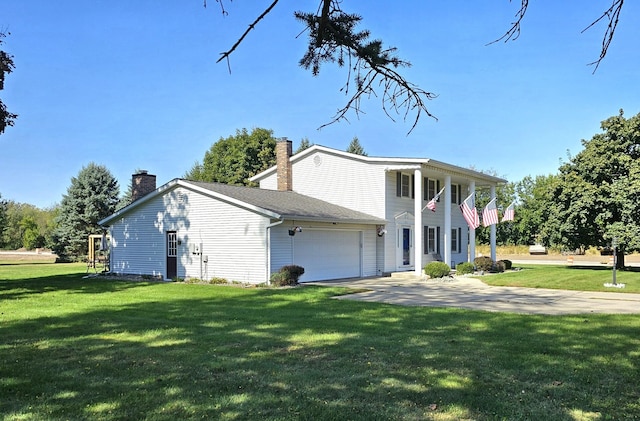 view of home's exterior with a lawn and a garage