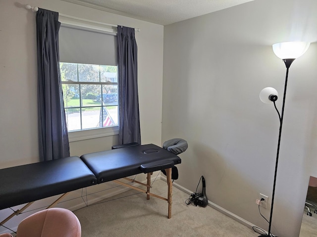 workout room with light colored carpet