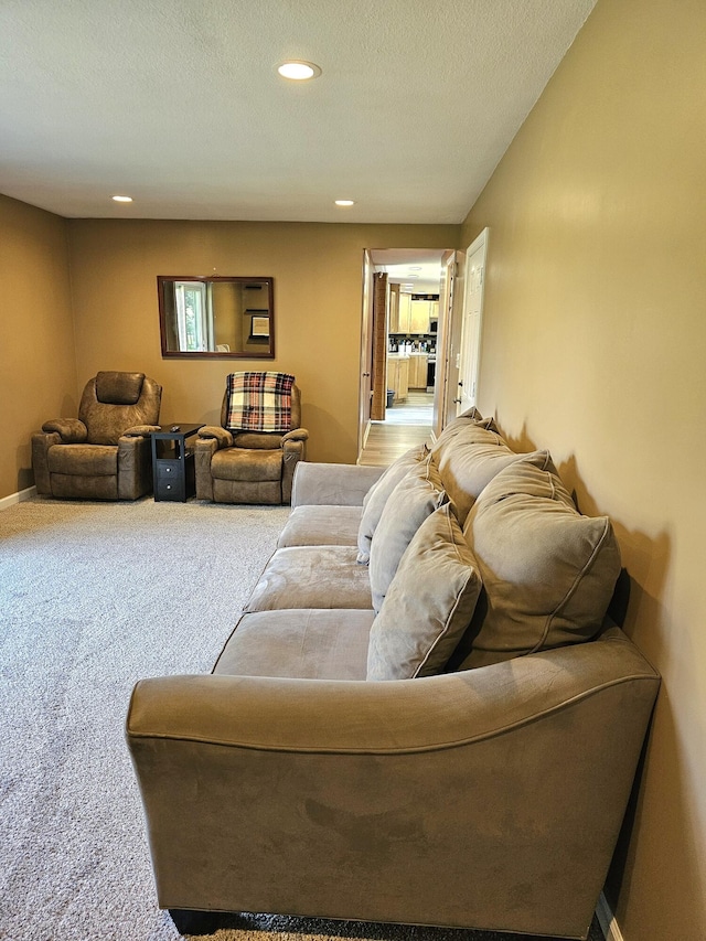 living room featuring light carpet and a textured ceiling