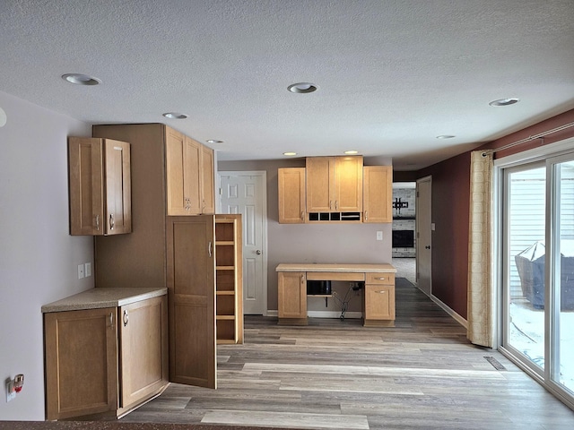 kitchen with a textured ceiling and light hardwood / wood-style floors