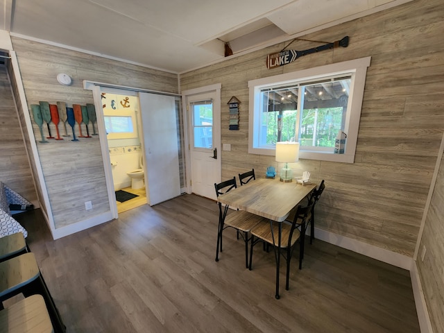 dining room featuring hardwood / wood-style floors and wood walls