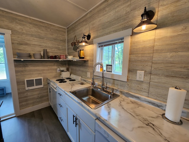 kitchen featuring white cabinetry, wooden walls, and sink