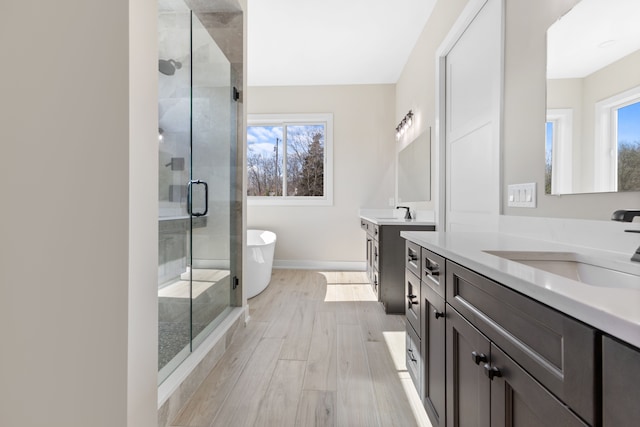 bathroom with hardwood / wood-style floors, vanity, separate shower and tub, and a wealth of natural light