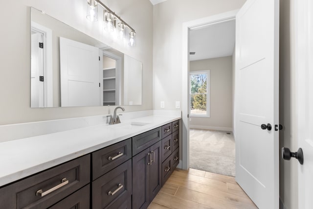 bathroom with hardwood / wood-style flooring and vanity