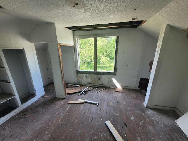 additional living space featuring a textured ceiling, dark wood-type flooring, and vaulted ceiling