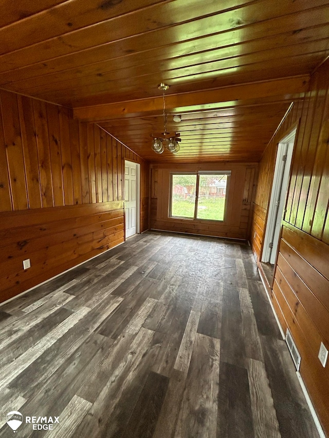 interior space featuring wooden walls, dark wood-type flooring, lofted ceiling, and wooden ceiling