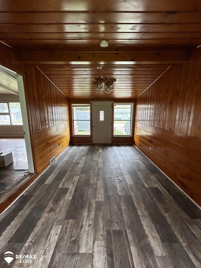 interior space with wood ceiling, wood walls, and dark wood-type flooring