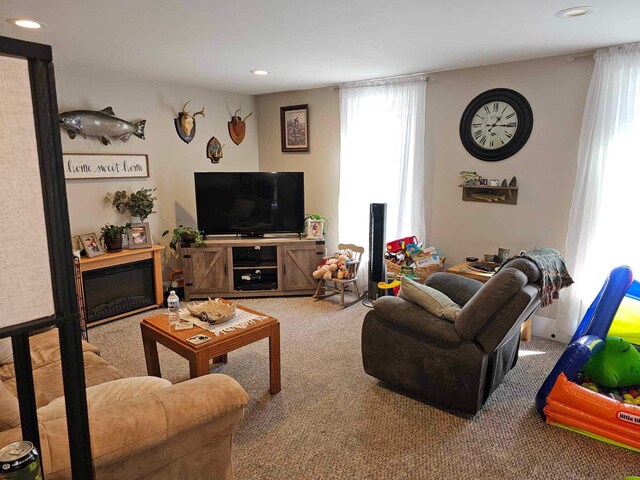 living room featuring light colored carpet