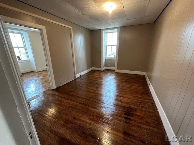 unfurnished room with wooden walls, plenty of natural light, and dark wood-type flooring