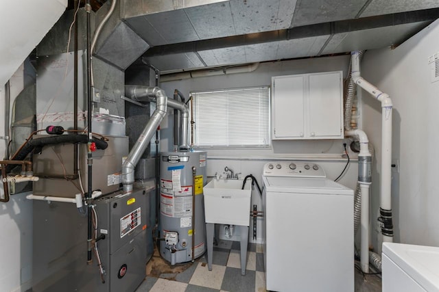 utility room featuring gas water heater, sink, washer / clothes dryer, and heating unit