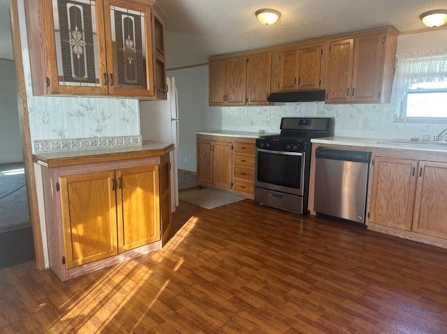 kitchen with sink, stainless steel appliances, and dark hardwood / wood-style floors