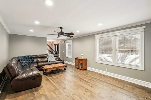 living room with ornamental molding, ceiling fan, and light hardwood / wood-style flooring