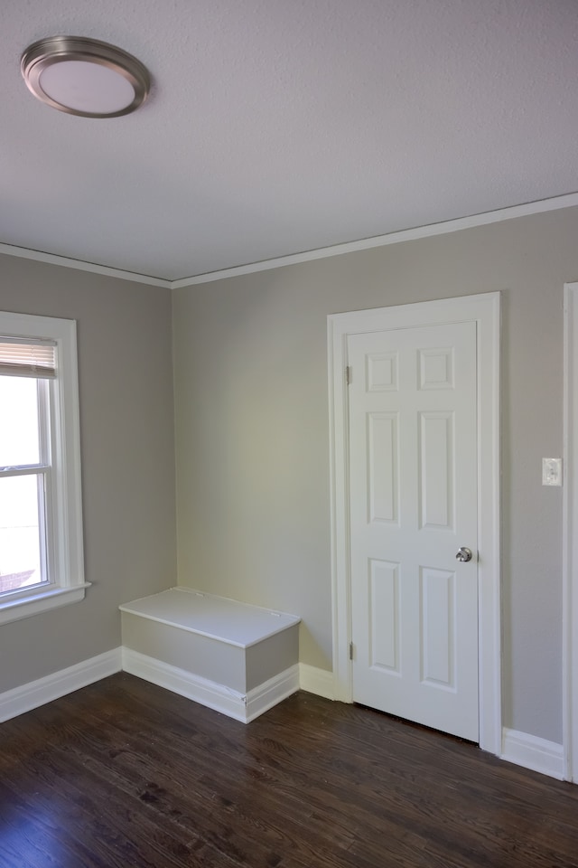 spare room featuring dark hardwood / wood-style floors and ornamental molding