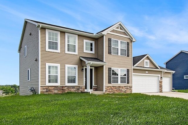 craftsman-style house with a front yard and a garage