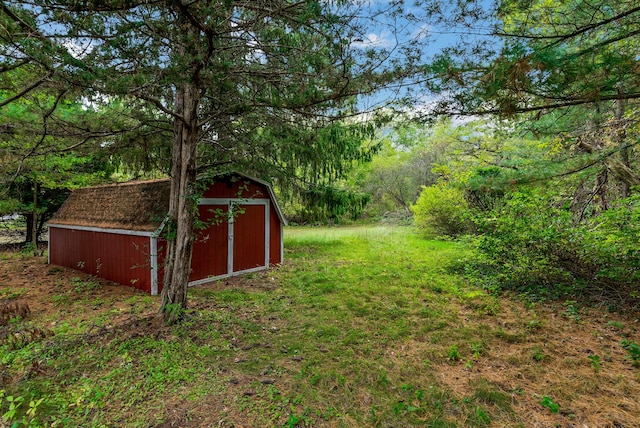 view of yard featuring a storage unit